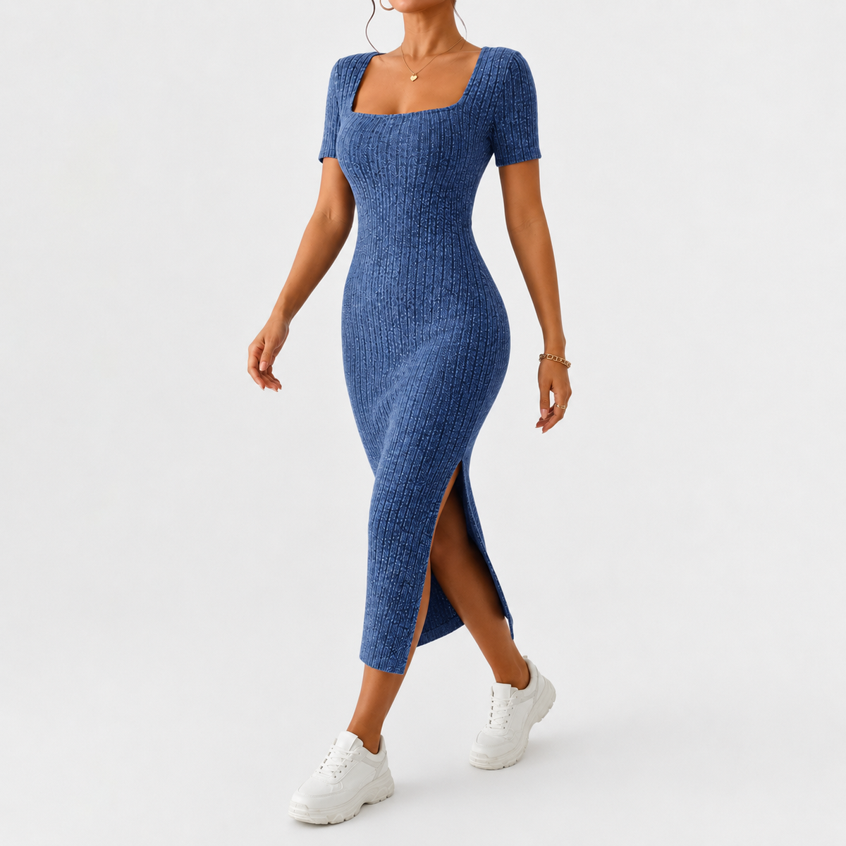 Women’s Knit Dress – Fitted Short Sleeve Autumn Midi Dress