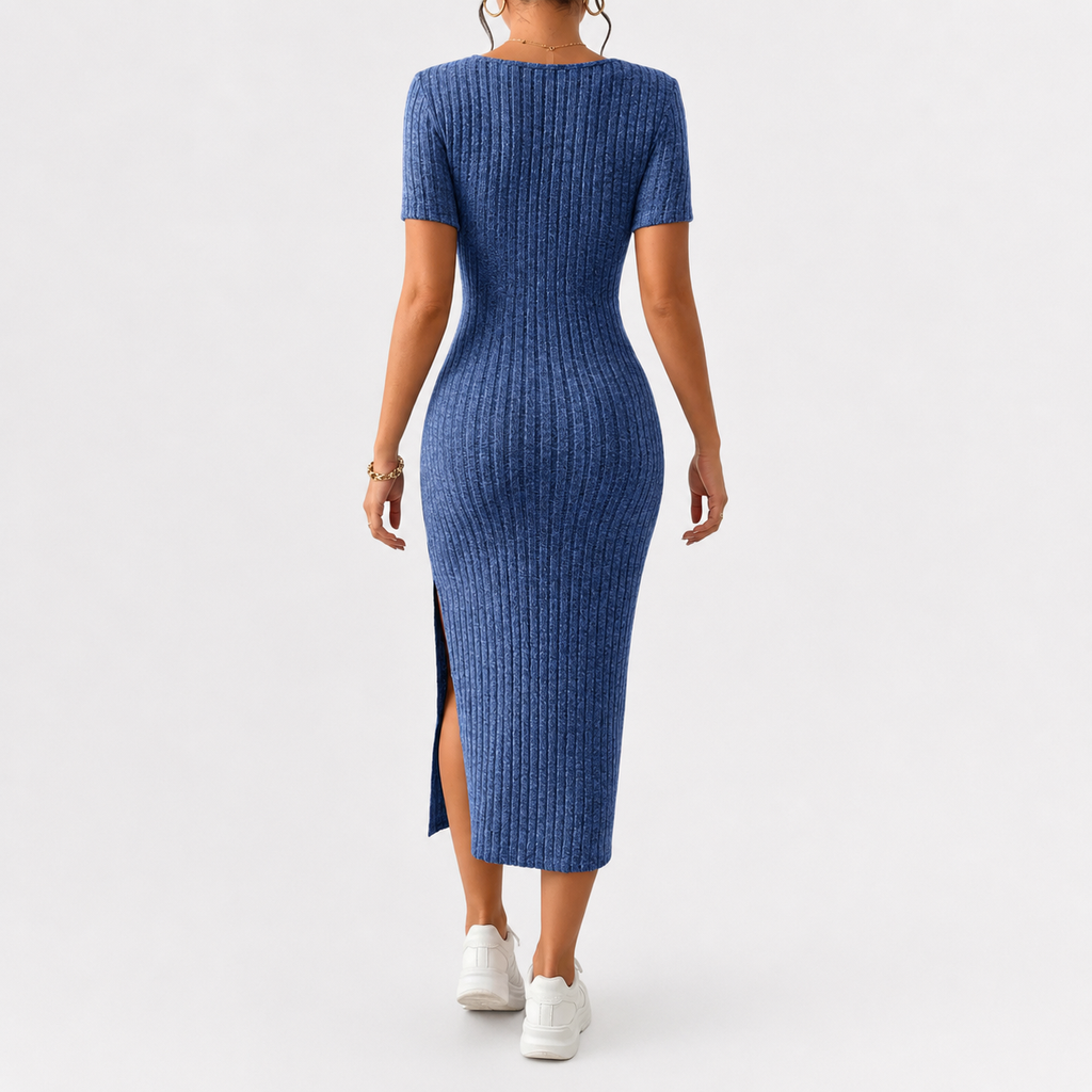 Women’s Knit Dress – Fitted Short Sleeve Autumn Midi Dress