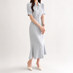 Women’s Sheath Dress – Short Sleeve Lapel Midi Dress with Waist-Defining Fit