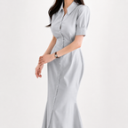 Women’s Sheath Dress – Short Sleeve Lapel Midi Dress with Waist-Defining Fit