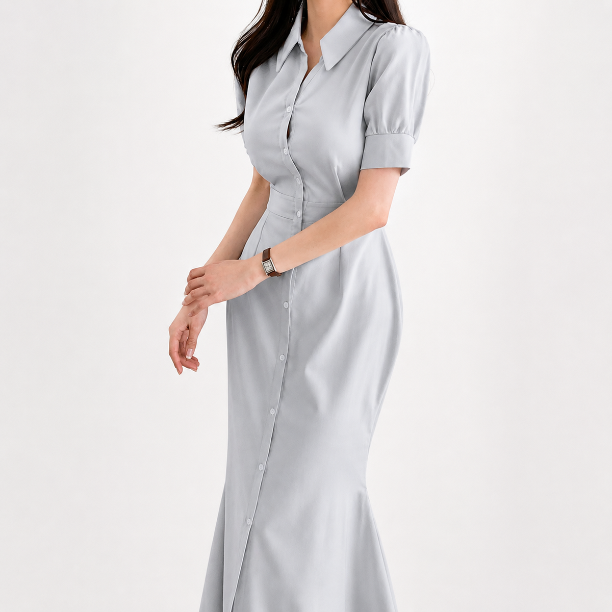 Women’s Sheath Dress – Short Sleeve Lapel Midi Dress with Waist-Defining Fit