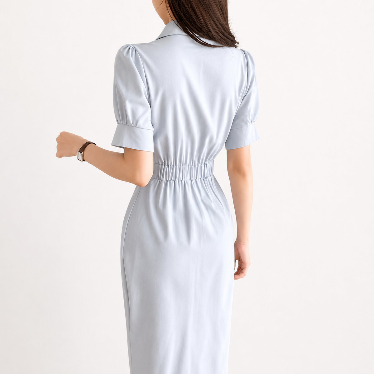 Women’s Sheath Dress – Short Sleeve Lapel Midi Dress with Waist-Defining Fit