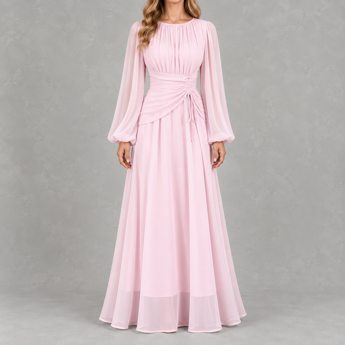 Women’s Waist-Cinching Dress – Long Sleeve Fitted Midi Dress