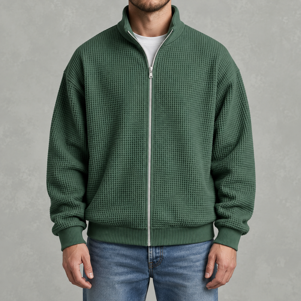Men’s Waffle Knit Jacket – Stand Collar Full Zip Textured Casual Jacket