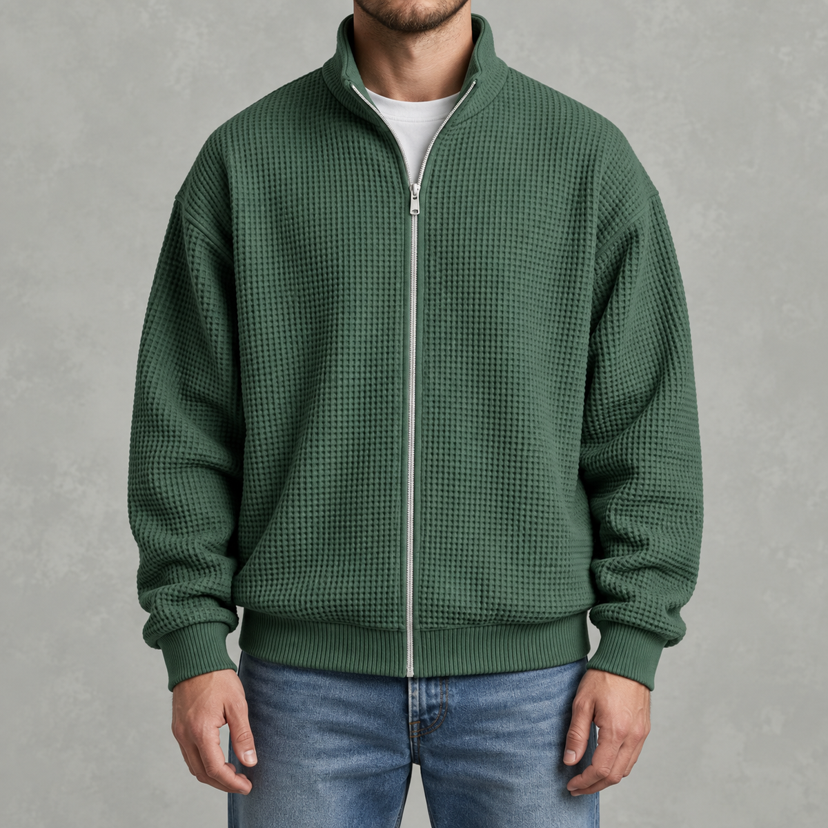 Men’s Waffle Knit Jacket – Stand Collar Full Zip Textured Casual Jacket