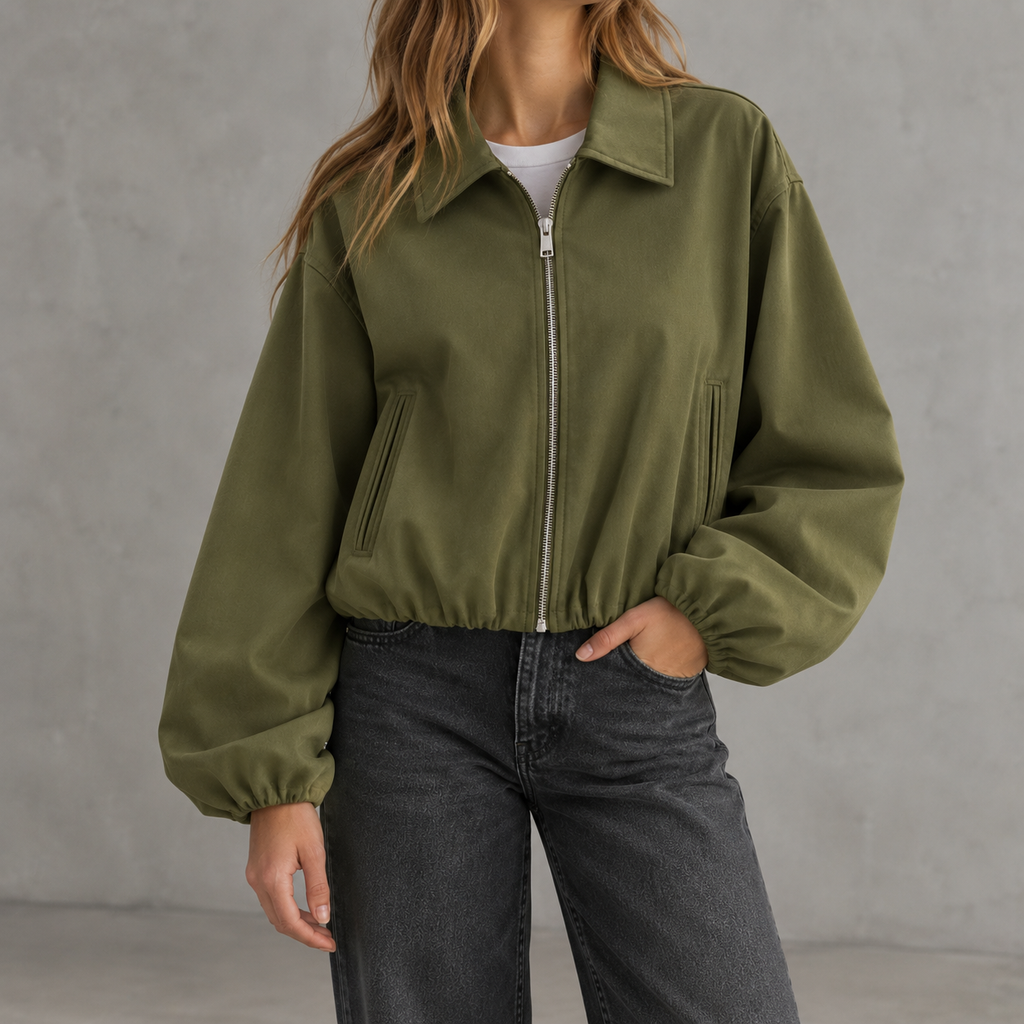 Women’s Bomber Jacket – Baseball Collar Zip Up Jacket with Ribbed Hem