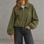 Women’s Bomber Jacket – Baseball Collar Zip Up Jacket with Ribbed Hem