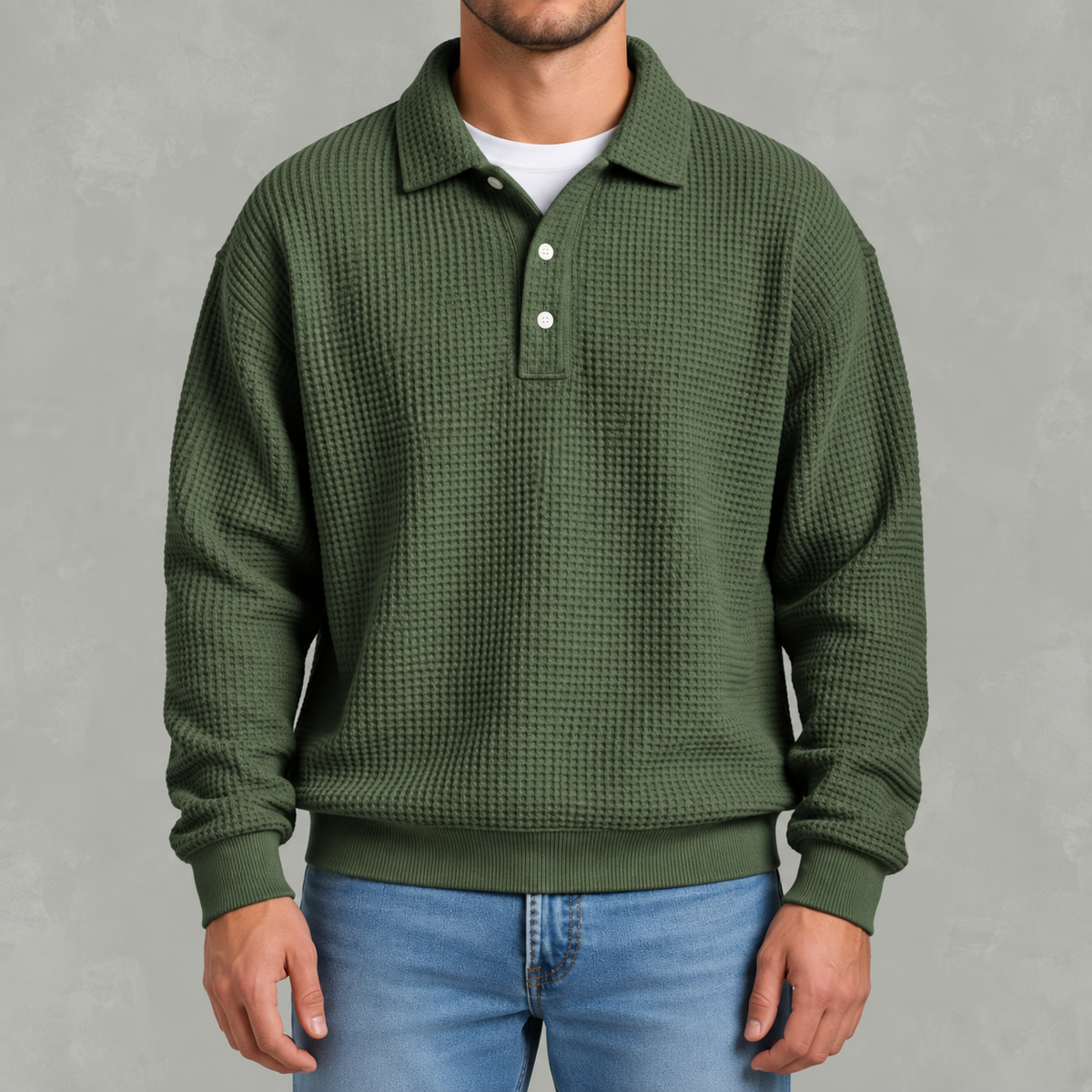 Men’s Long Sleeve Polo Shirt – Waffle Knit Retro Short Sleeve Textured Top