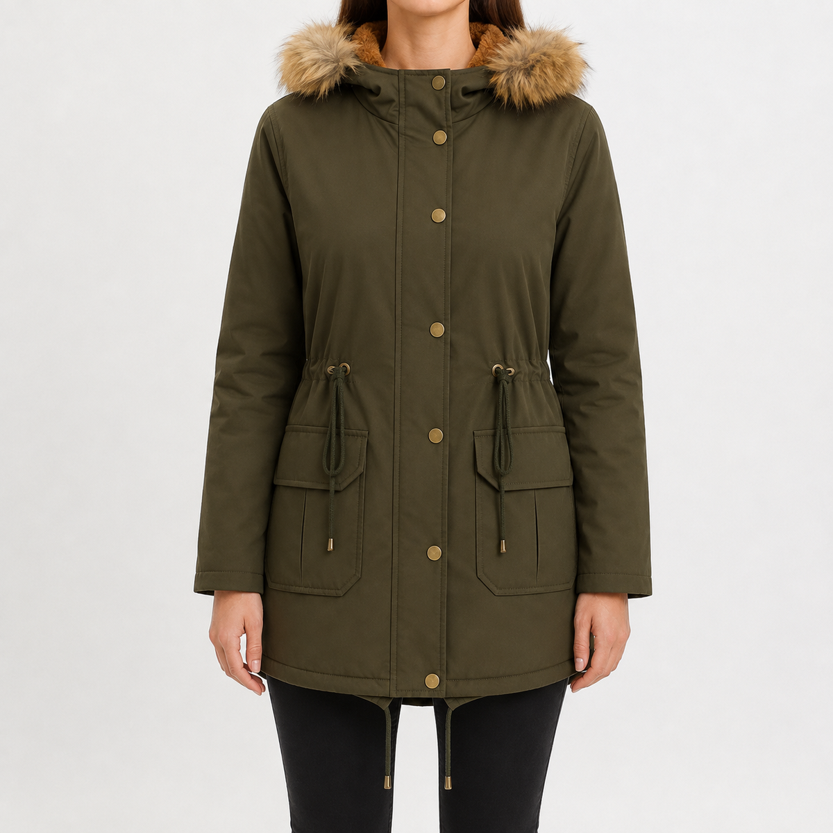 Women’s Padded Coat – Mid-Length Hooded Winter Coat with Faux Fur Trim and Defined Waist