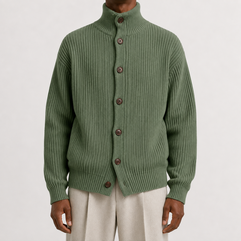 Men’s Roll Neck Cardigan – Knitted High Neck Button Front Jumper
