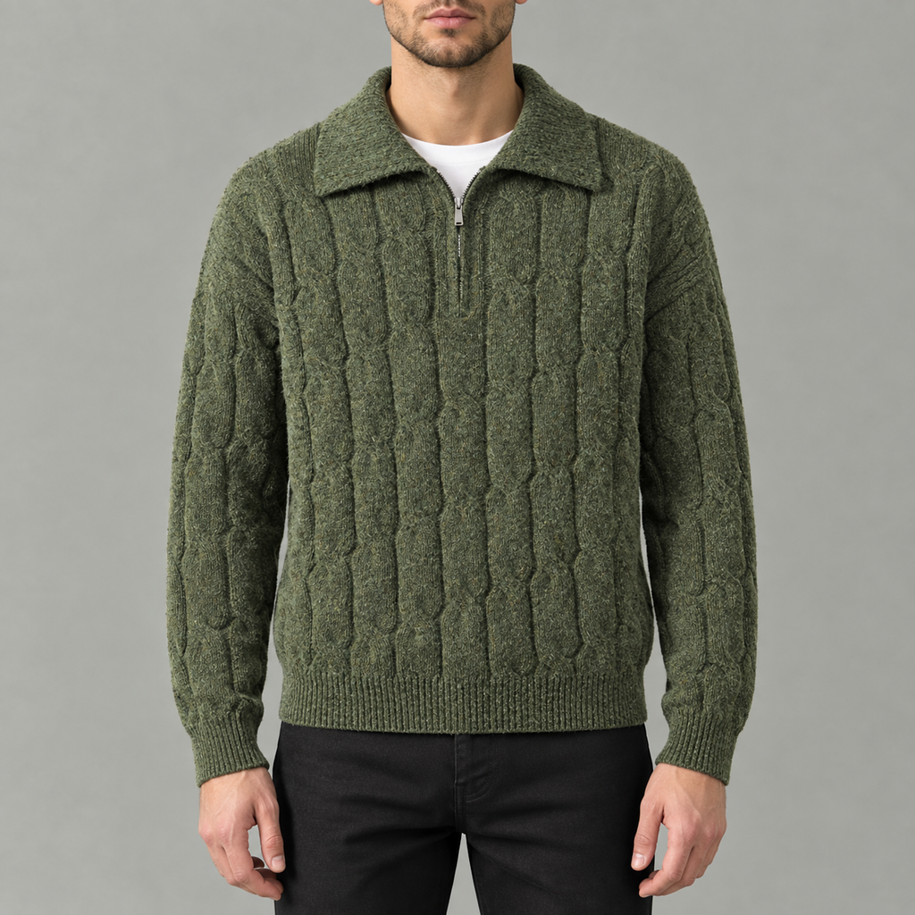 Men’s Cable Knit Jumper – Quarter Zip Loose Fit Ribbed Collared Jumper