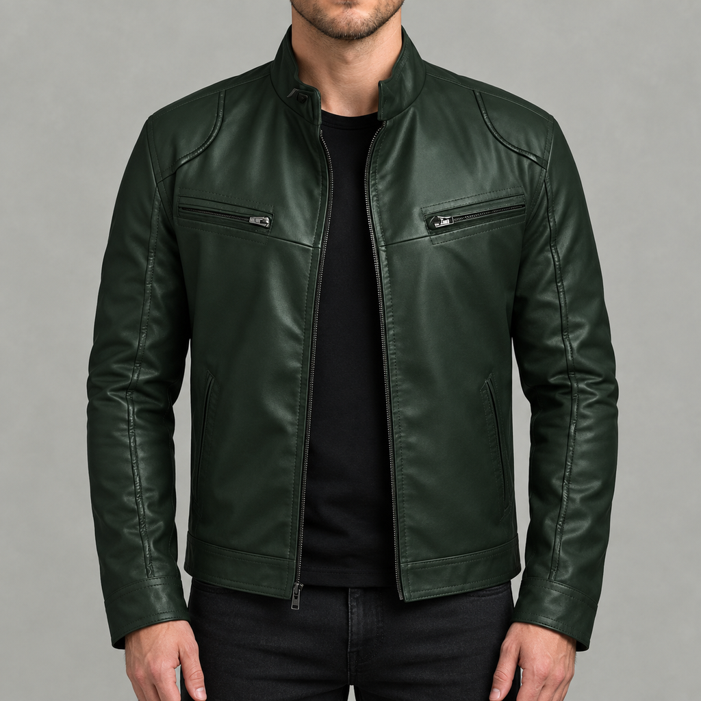 Men’s Leather Jacket – Stand Collar Motorcycle Biker Jacket