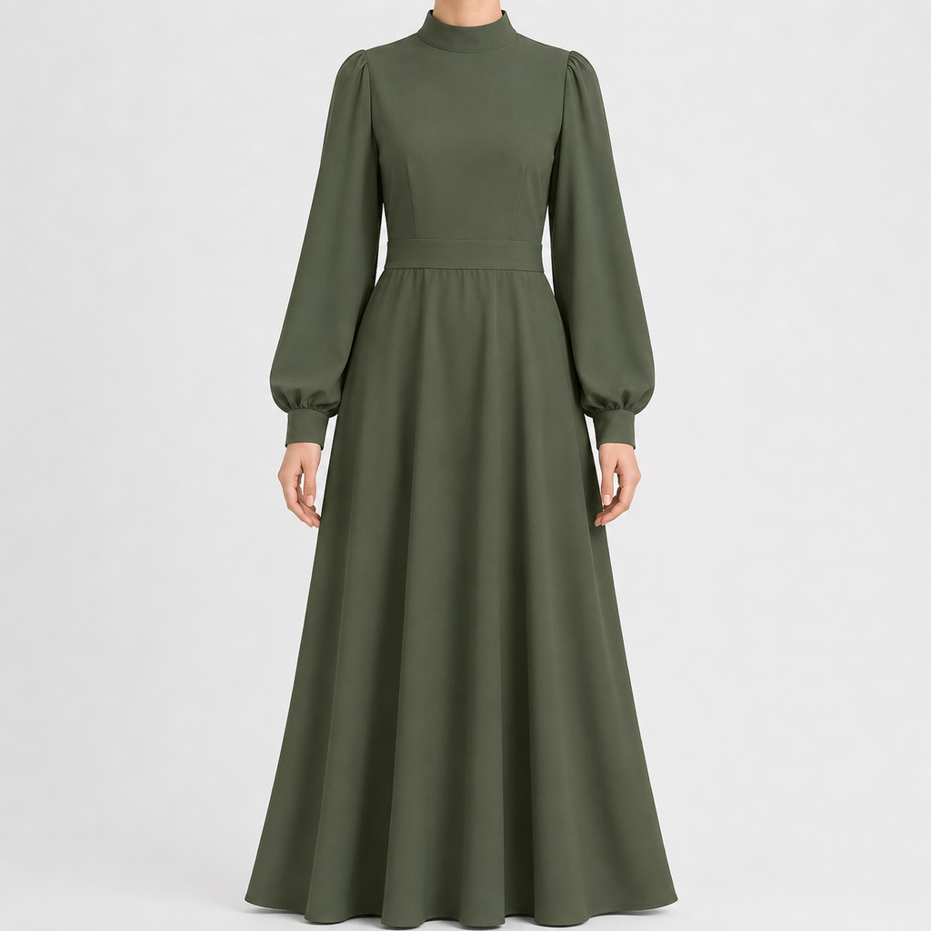 Women’s Maxi Dress – High Waist Lantern Sleeve Long Dress