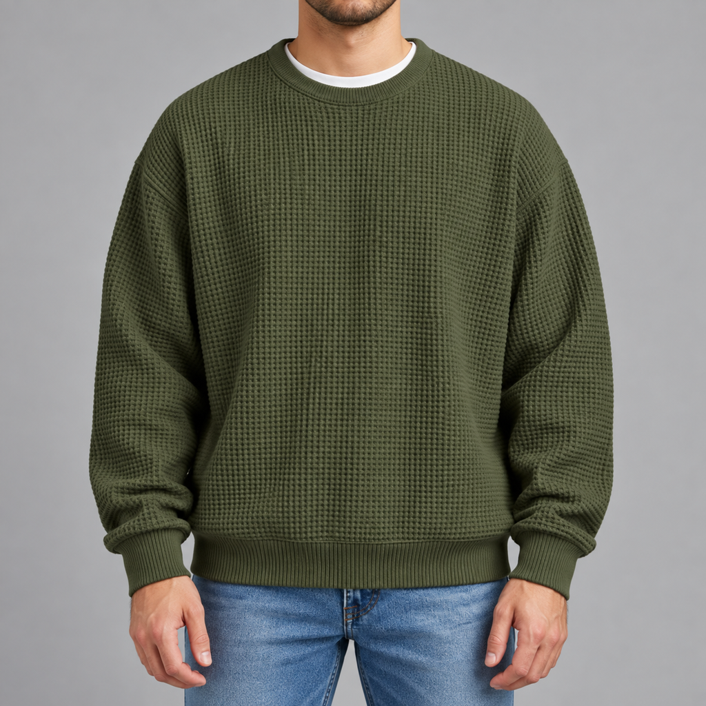 Men’s Waffle Knit Jumper – Relaxed Fit Textured Long Sleeve Pullover