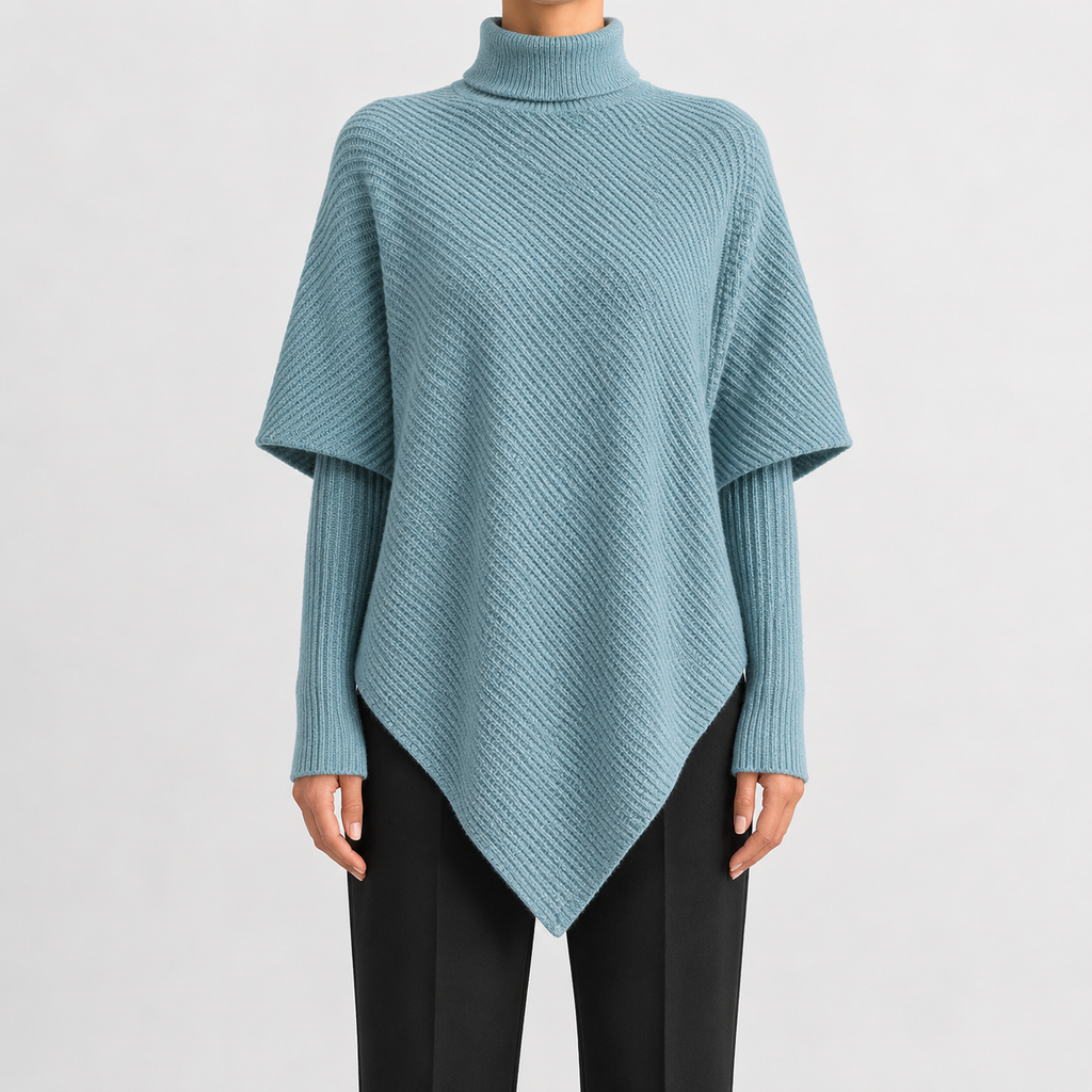 Women’s Asymmetric Jumper – Elegant Knitted Long Sleeve Pullover with Draped Hem