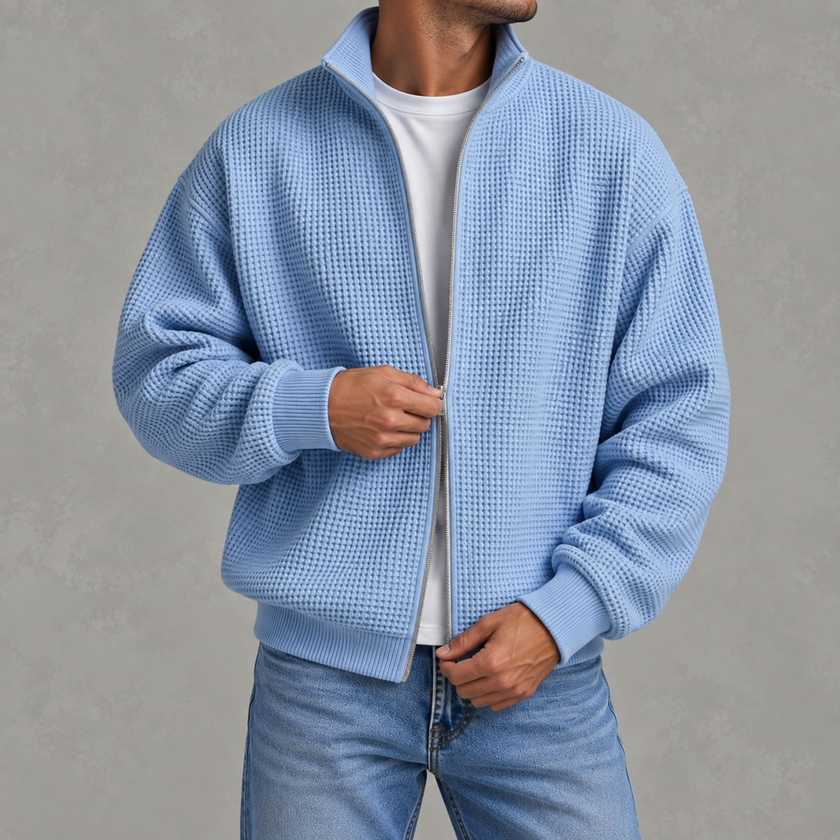 Men’s Waffle Knit Jacket – Stand Collar Full Zip Textured Casual Jacket