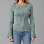 Women’s Ribbed Top – Brushed Crew Neck Long Sleeve Fitted Jumper