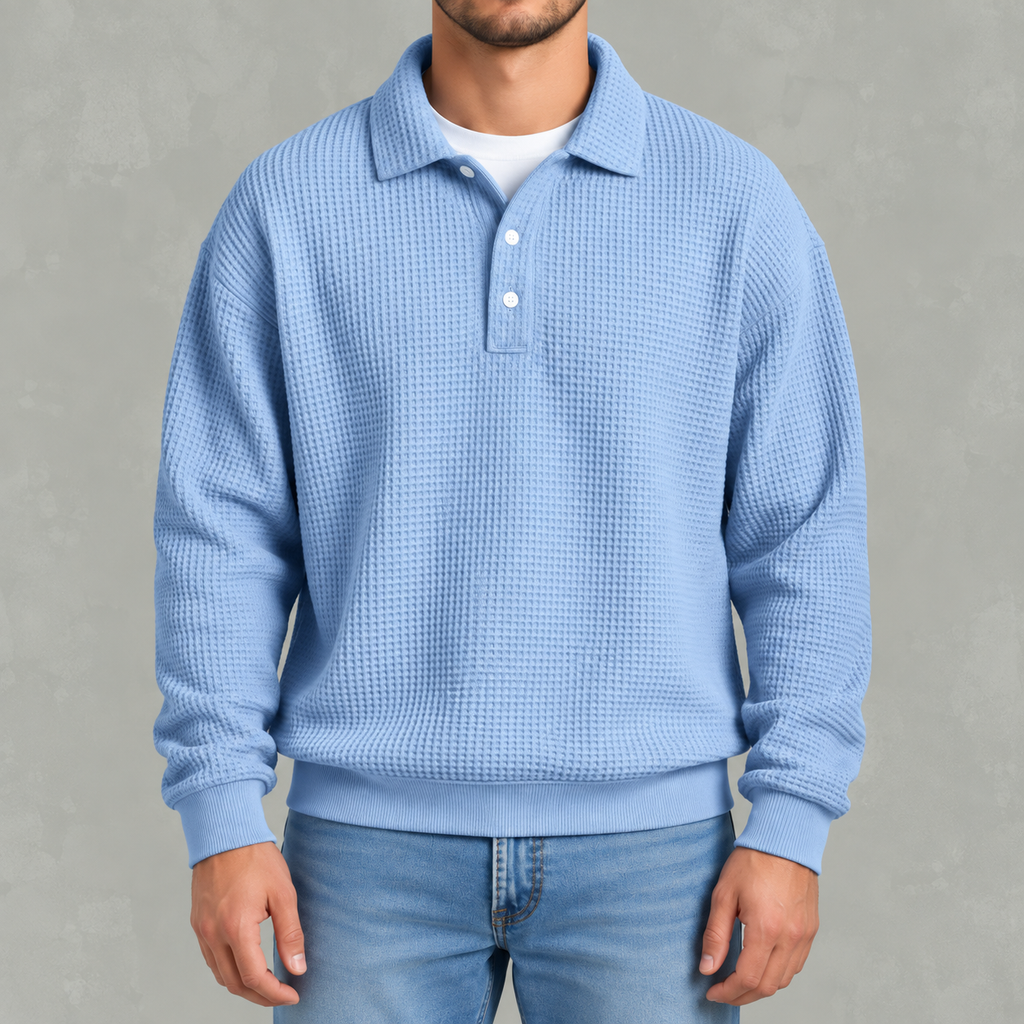 Men’s Long Sleeve Polo Shirt – Waffle Knit Retro Short Sleeve Textured Top