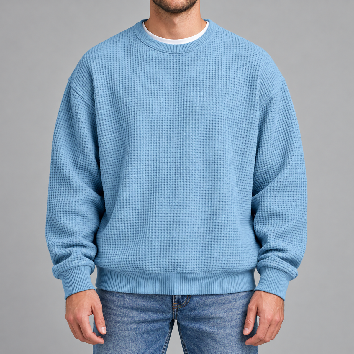 Men’s Waffle Knit Jumper – Relaxed Fit Textured Long Sleeve Pullover