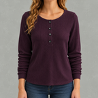Women’s Waffle Knit Top – Relaxed Fit Crew Neck Long Sleeve Pullover