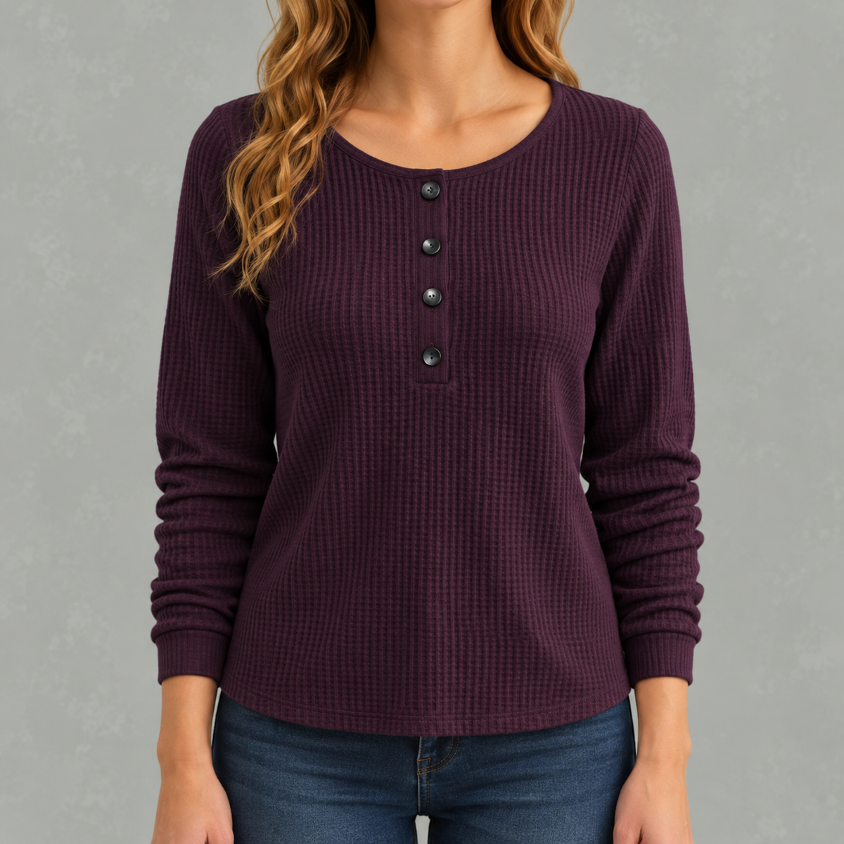 Women’s Waffle Knit Top – Relaxed Fit Crew Neck Long Sleeve Pullover