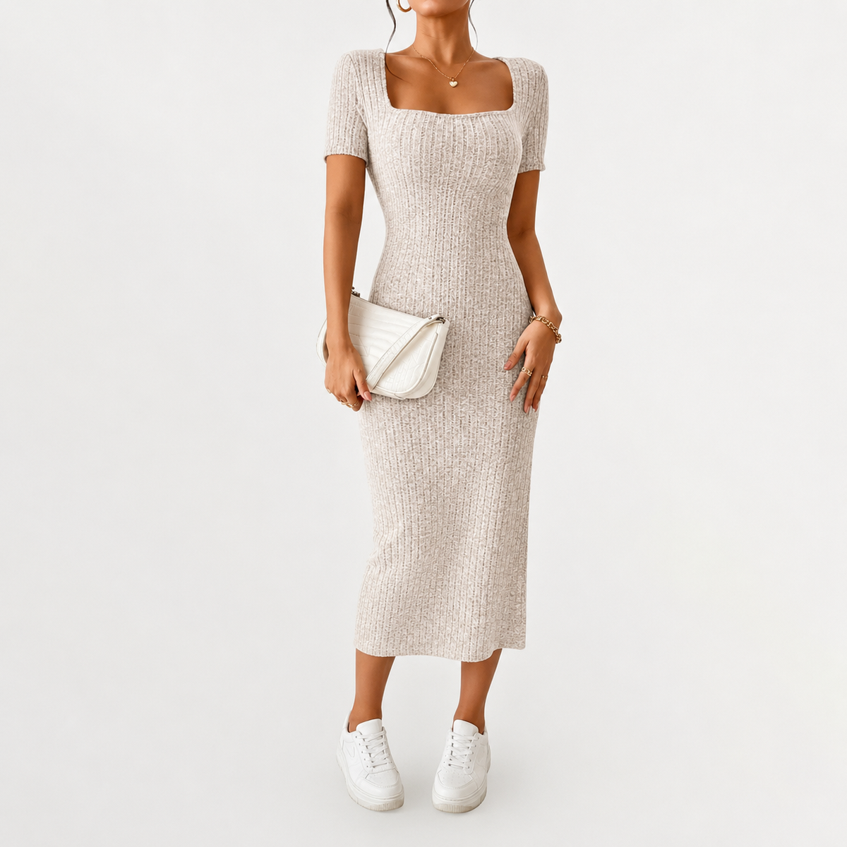 Women’s Knit Dress – Fitted Short Sleeve Autumn Midi Dress