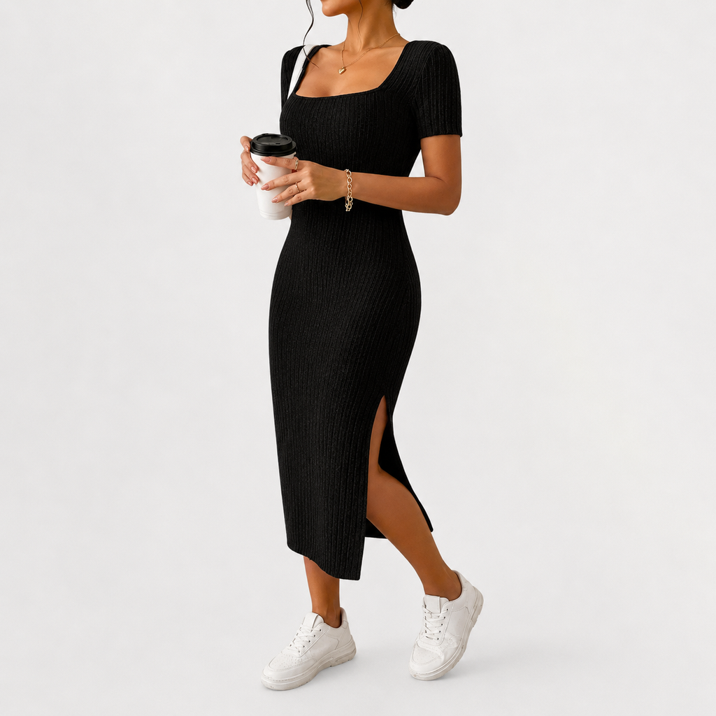 Women’s Knit Dress – Fitted Short Sleeve Autumn Midi Dress