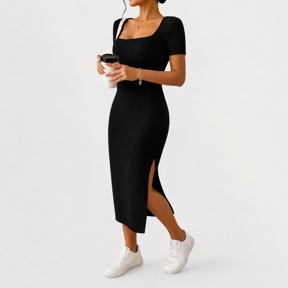 Women’s Knit Dress – Fitted Short Sleeve Autumn Midi Dress