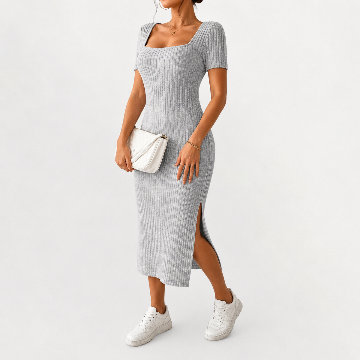 Women’s Knit Dress – Fitted Short Sleeve Autumn Midi Dress