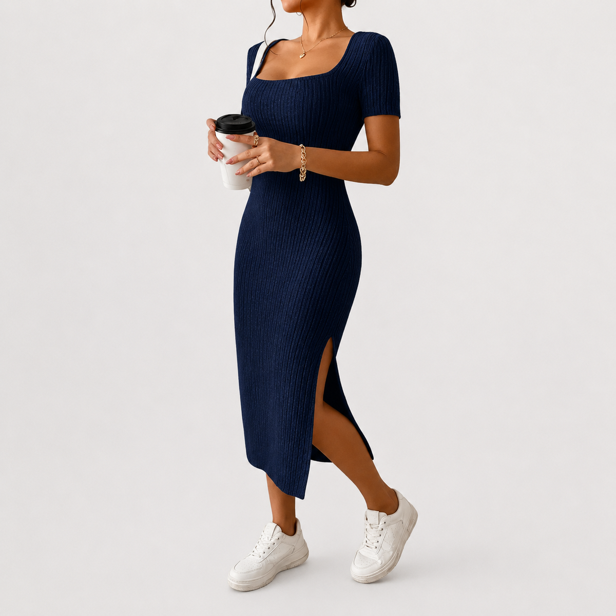 Women’s Knit Dress – Fitted Short Sleeve Autumn Midi Dress
