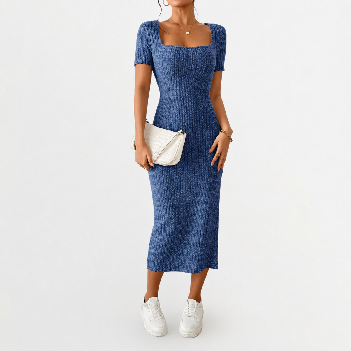 Women’s Knit Dress – Fitted Short Sleeve Autumn Midi Dress