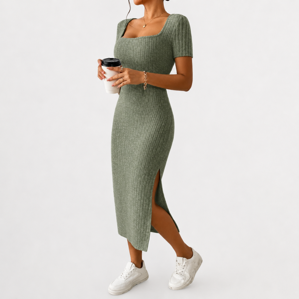 Women’s Knit Dress – Fitted Short Sleeve Autumn Midi Dress