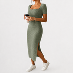 Women’s Knit Dress – Fitted Short Sleeve Autumn Midi Dress