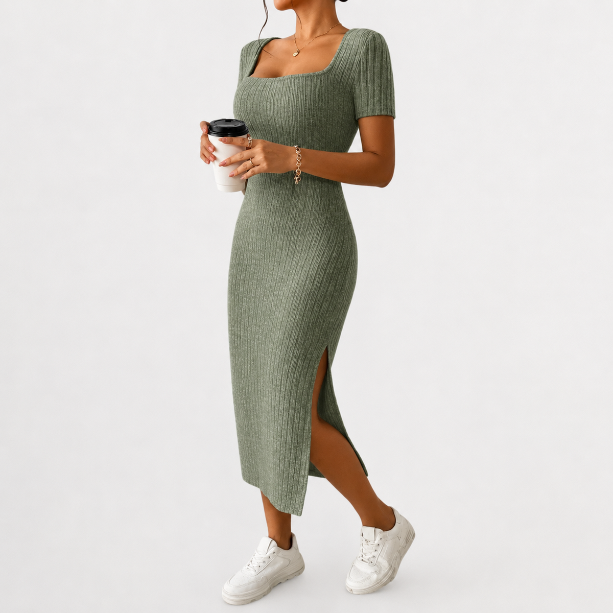 Women’s Knit Dress – Fitted Short Sleeve Autumn Midi Dress