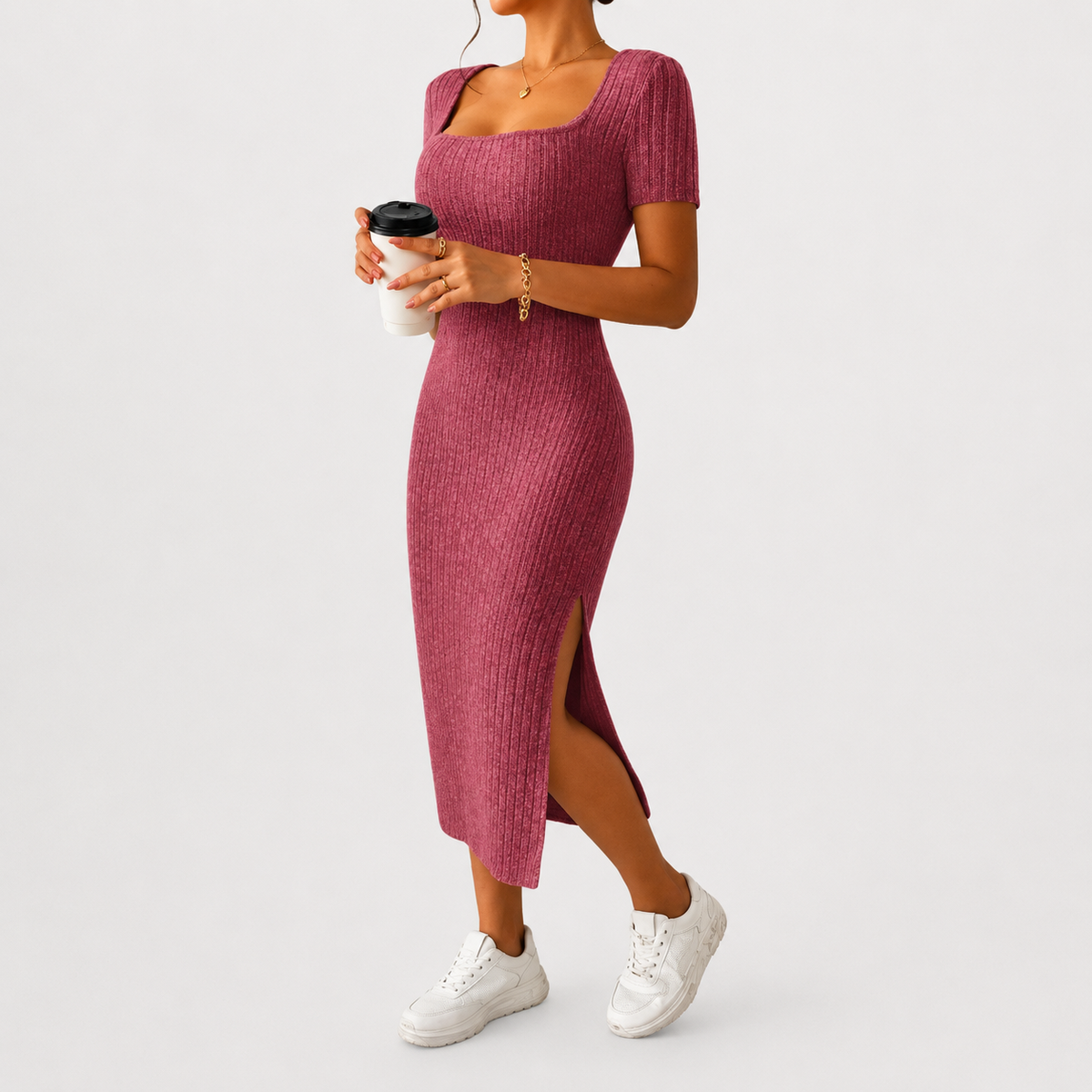 Women’s Knit Dress – Fitted Short Sleeve Autumn Midi Dress