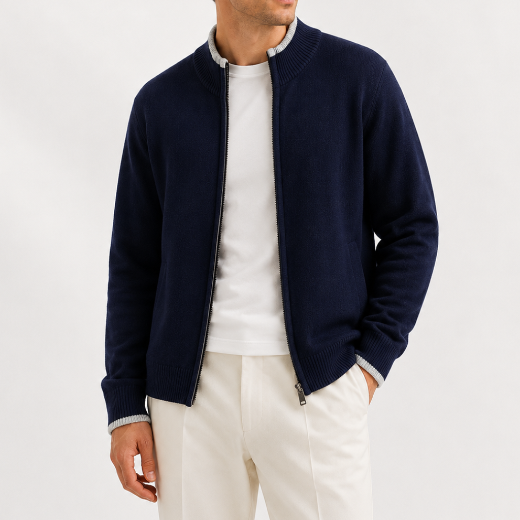 Men’s Knitted Zip Jacket – Lightweight Half Zip High Neck Jumper