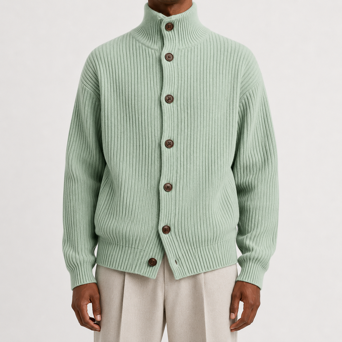 Men’s Roll Neck Cardigan – Knitted High Neck Button Front Jumper
