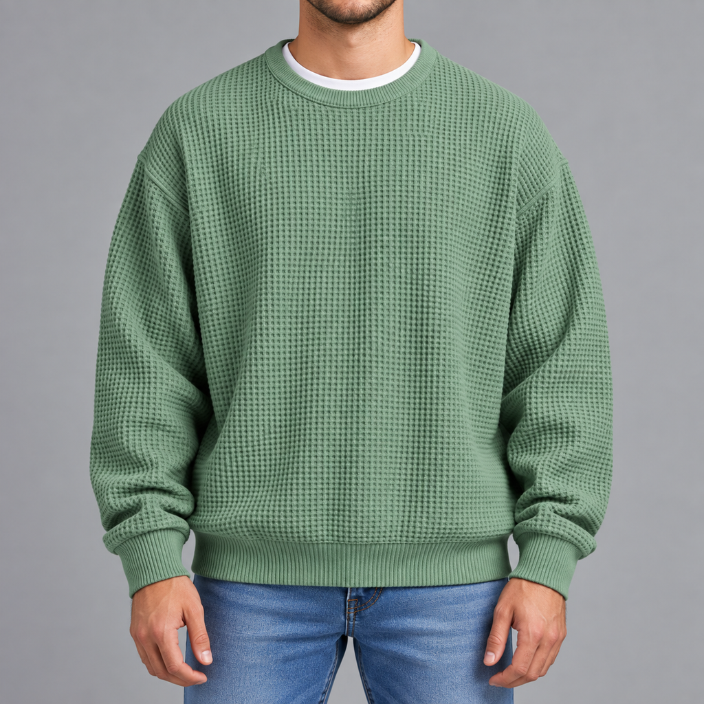 Men’s Waffle Knit Jumper – Relaxed Fit Textured Long Sleeve Pullover