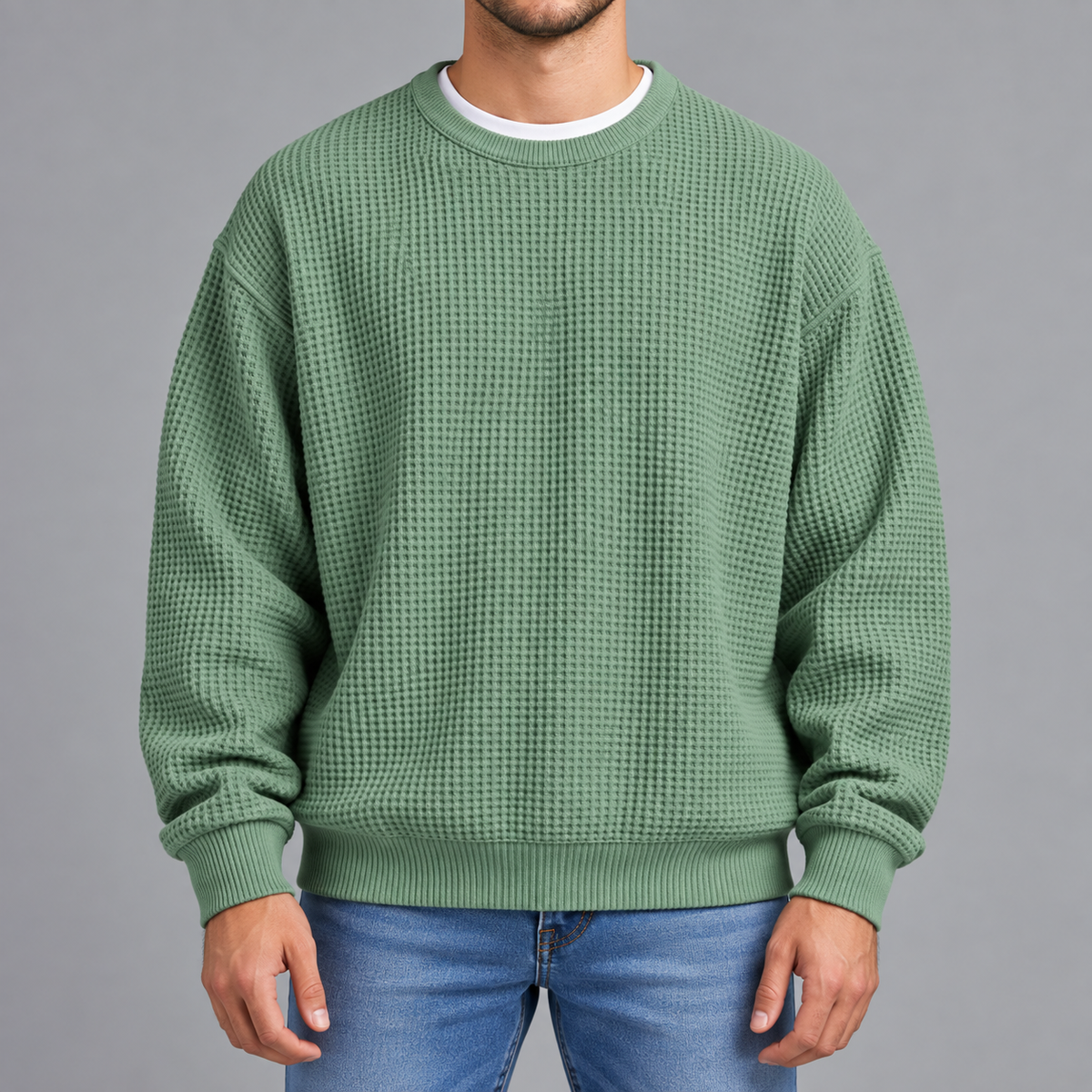 Men’s Waffle Knit Jumper – Relaxed Fit Textured Long Sleeve Pullover