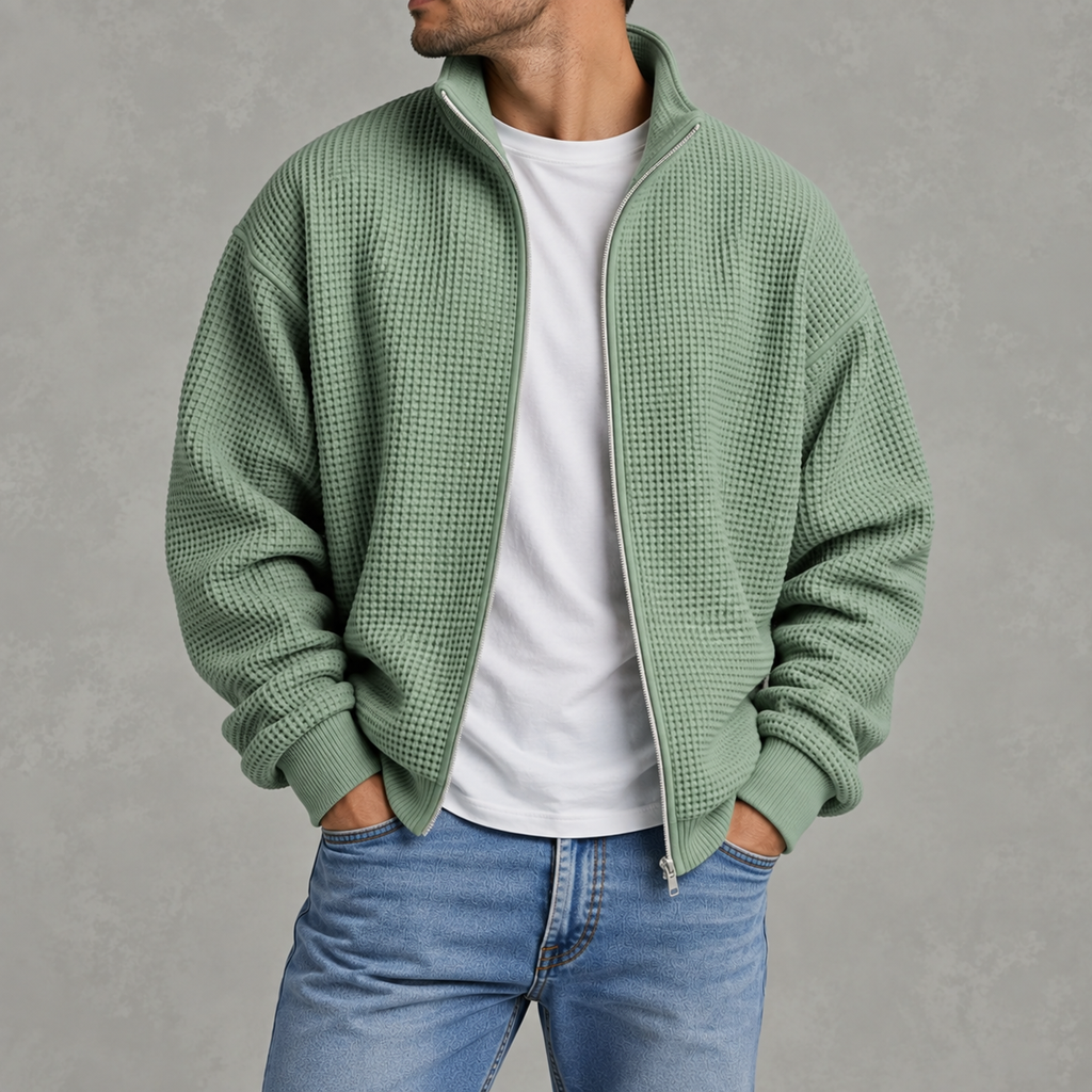 Men’s Waffle Knit Jacket – Stand Collar Full Zip Textured Casual Jacket
