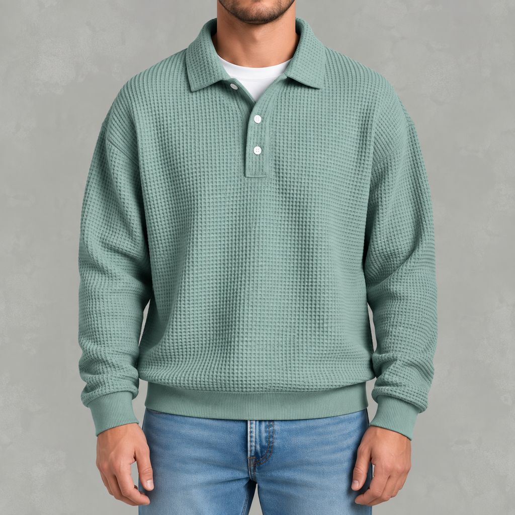 Men’s Long Sleeve Polo Shirt – Waffle Knit Retro Short Sleeve Textured Top