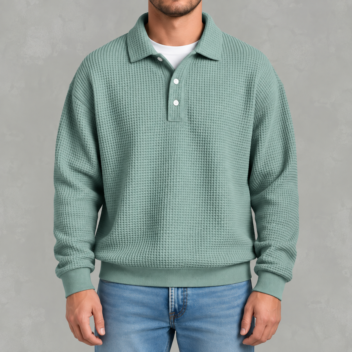 Men’s Long Sleeve Polo Shirt – Waffle Knit Retro Short Sleeve Textured Top