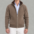 Men’s Knitted Cardigan – Full Zip Ribbed Jumper with Fur Collar