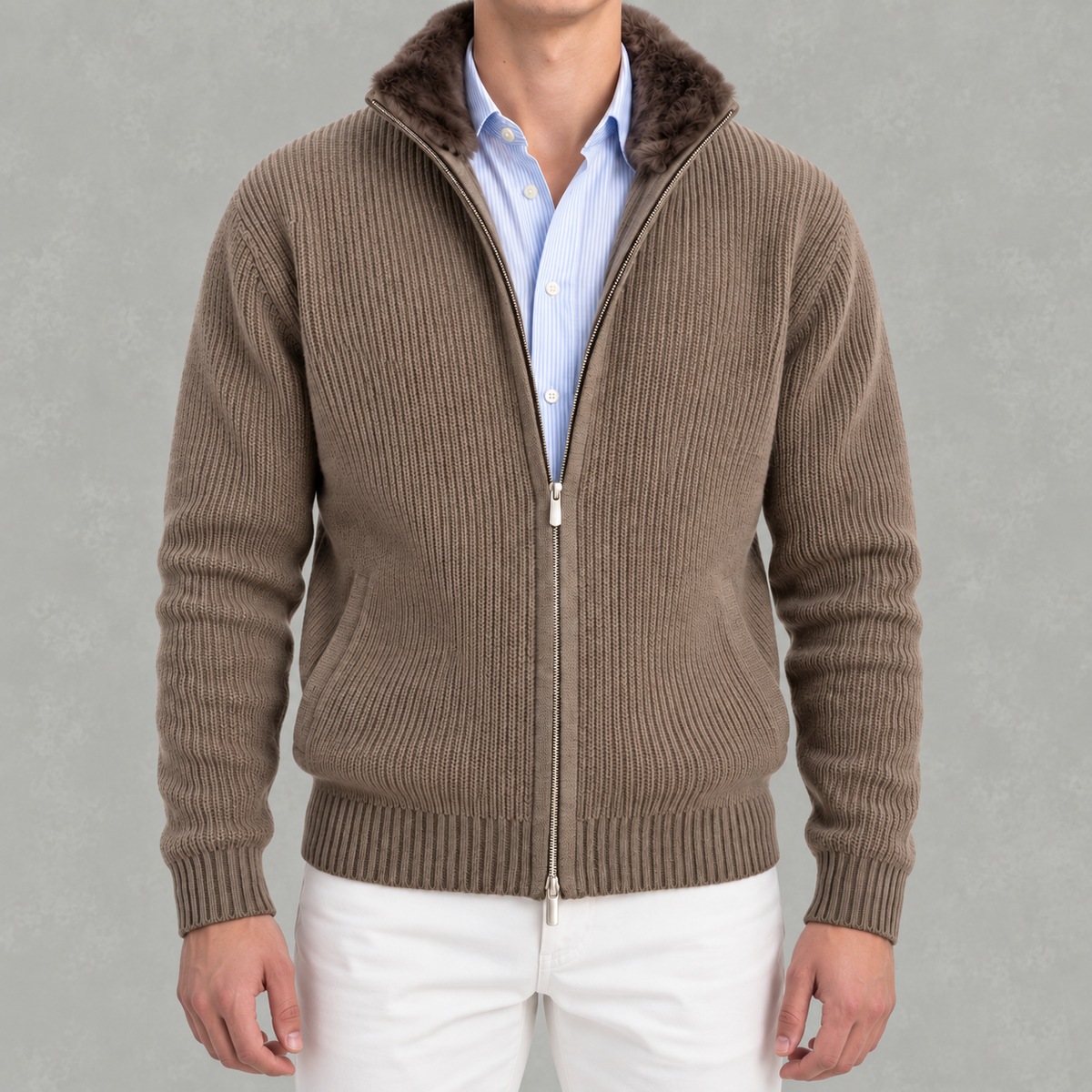 Men’s Knitted Cardigan – Full Zip Ribbed Jumper with Fur Collar