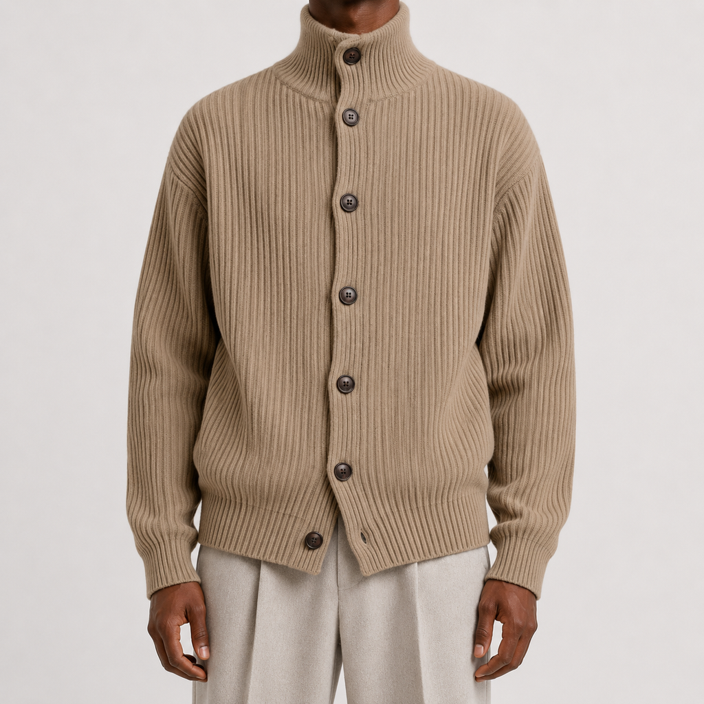 Men’s Roll Neck Cardigan – Knitted High Neck Button Front Jumper
