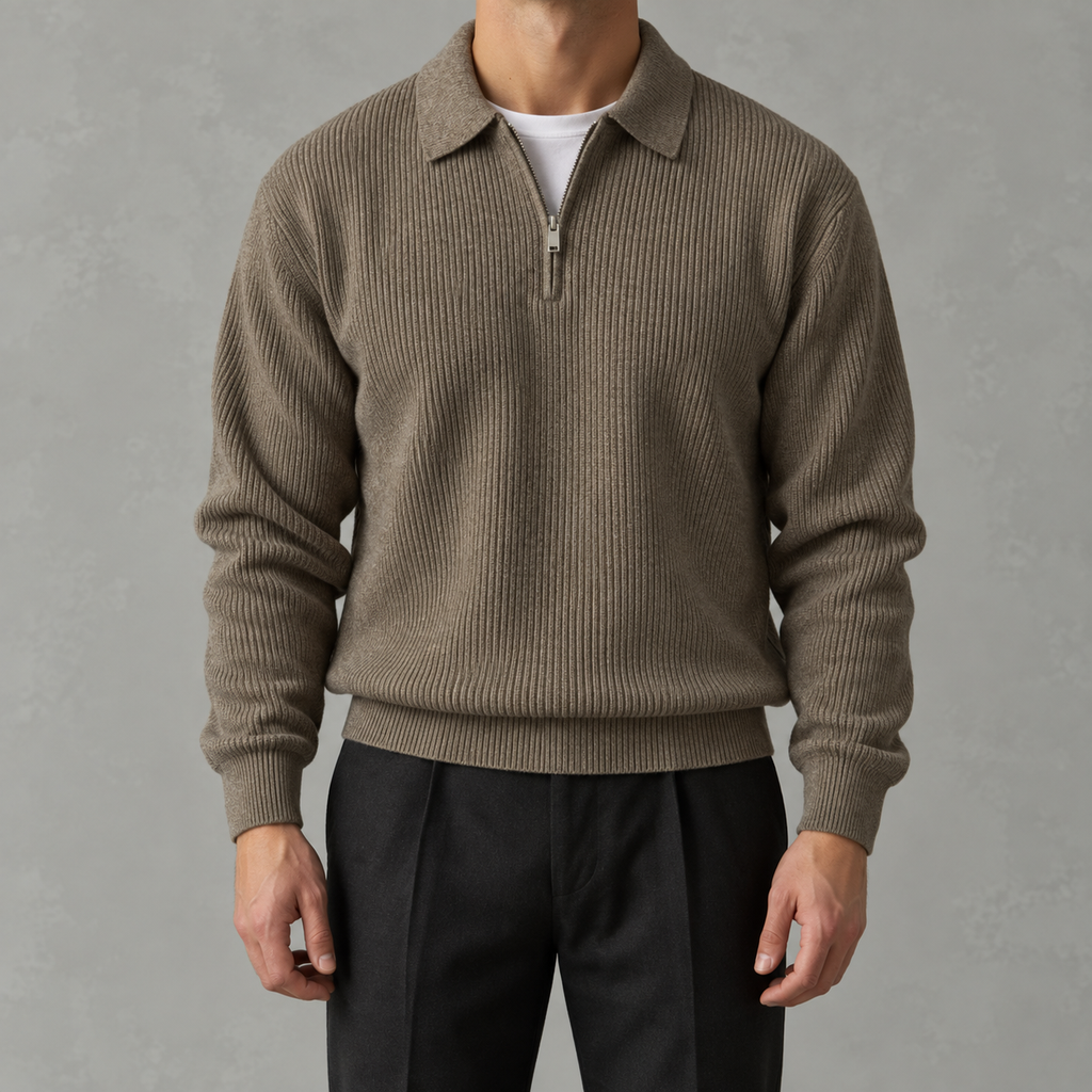 Men’s Knitted Polo Quarter Zip – Long Sleeve Zipped Polo Collar Autumn Jumper