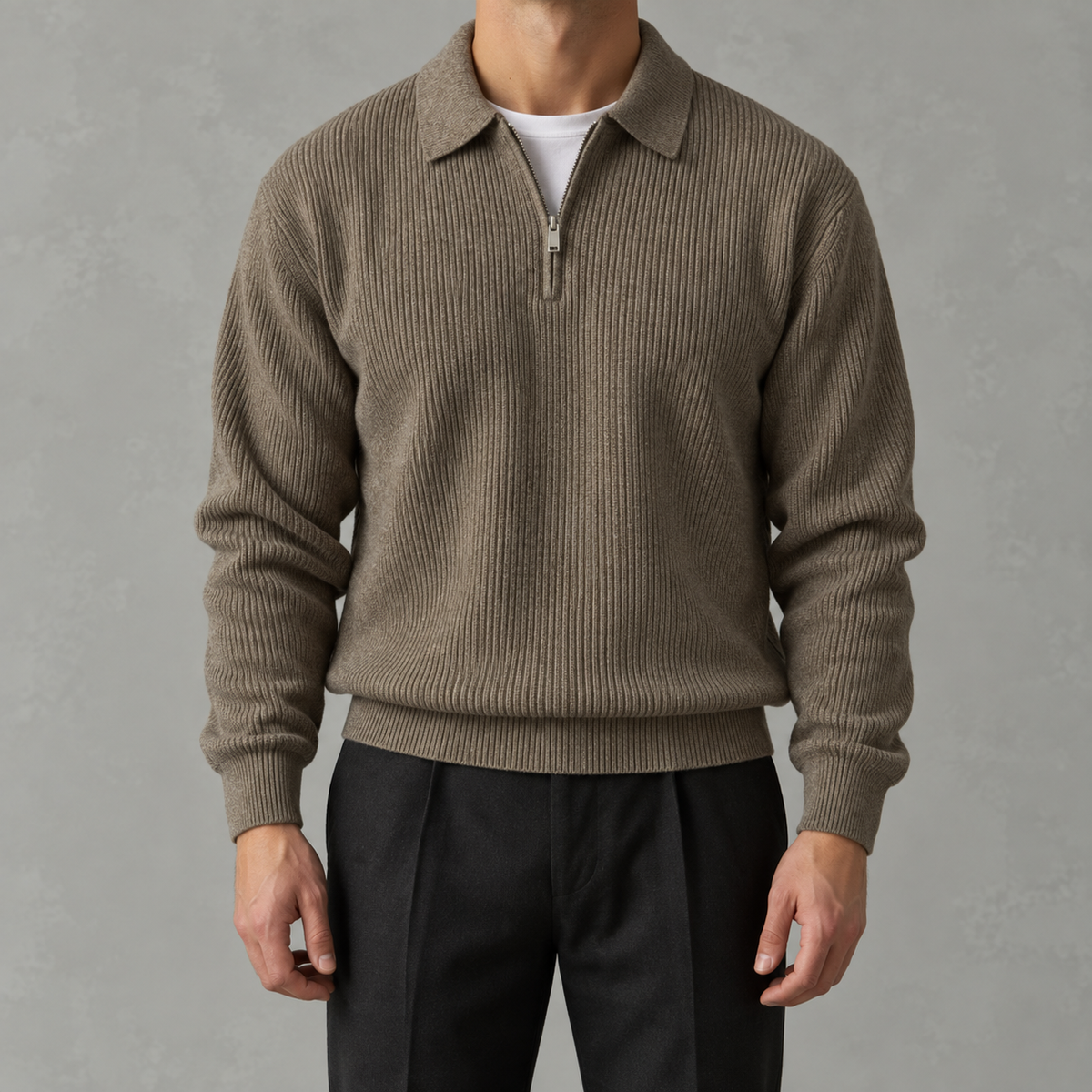 Men’s Knitted Polo Quarter Zip – Long Sleeve Zipped Polo Collar Autumn Jumper