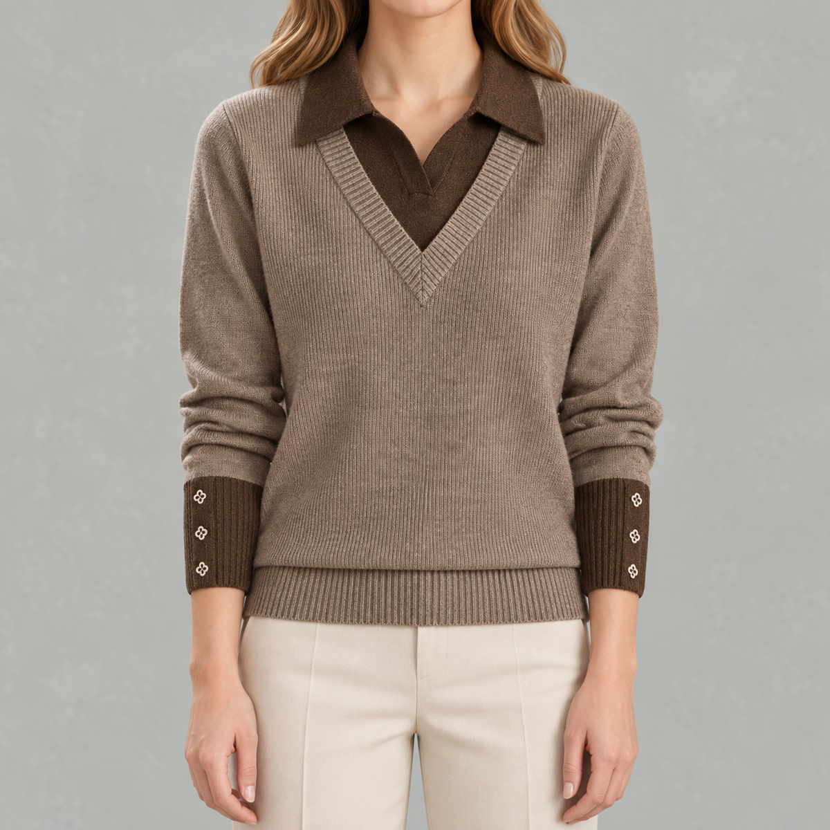 Women’s Shirt – Long Sleeve Knitted Jumper Polo Style Layering Top