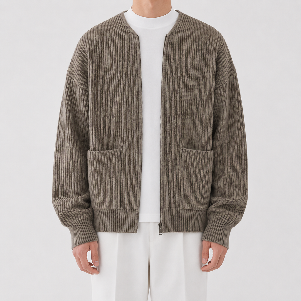 Men’s Knitted Cardigan – Funnel Neck Full Zip Jumper with Pockets
