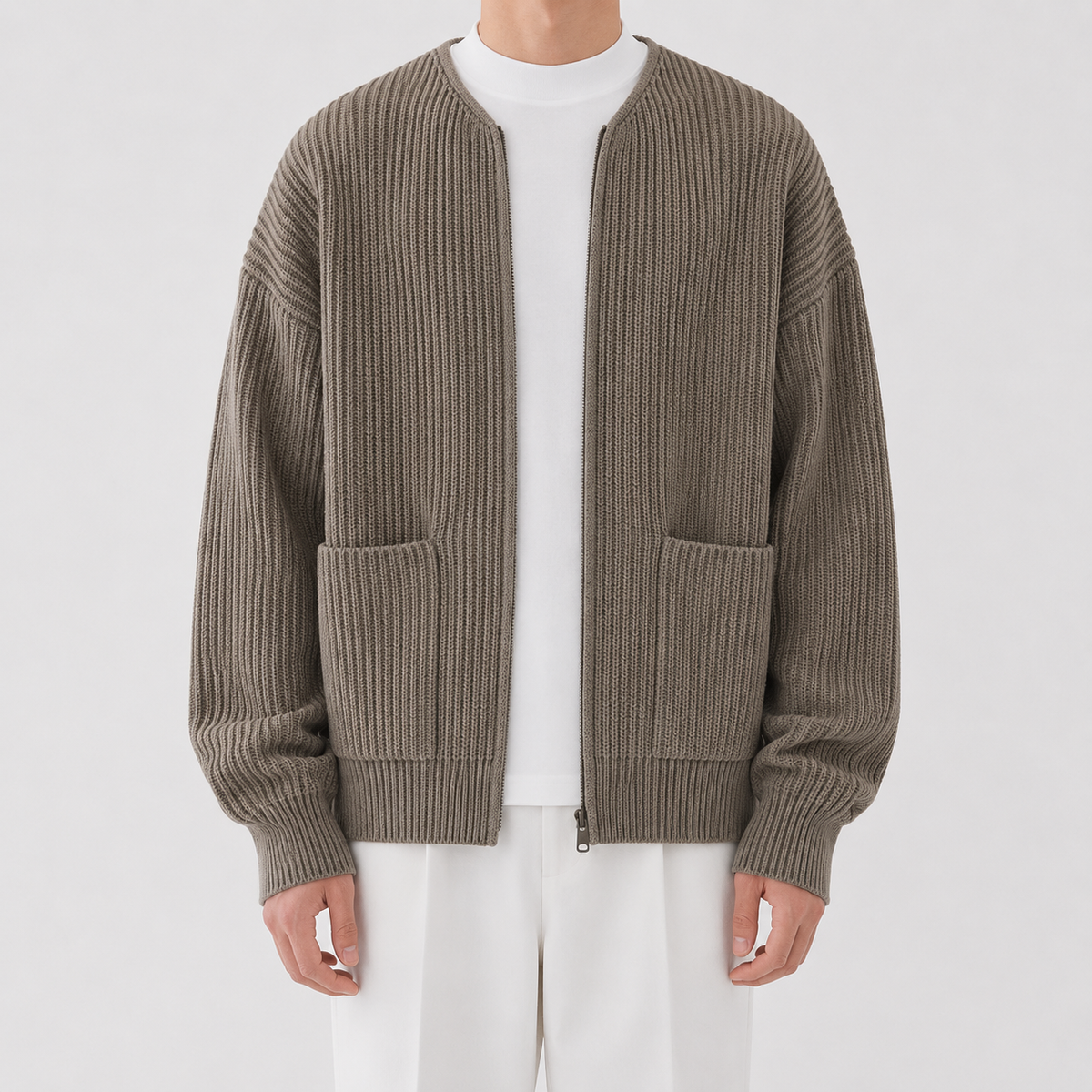 Men’s Knitted Cardigan – Funnel Neck Full Zip Jumper with Pockets